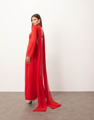ARRANGE - Strukturiertes, langärmliges Crepe-Maxikleid in Rot mit Chiffon-Overlay