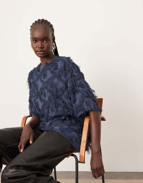 ARRANGE – Strukturiertes Oversize-T-Shirt aus Webstoff in Marineblau - view 1