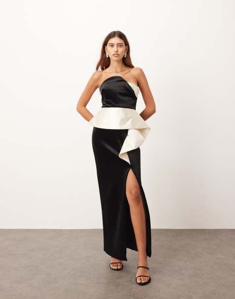 ARRANGE – Strukturiertes Samt-Midikleid in Schwarz mit gebogenem Detail, geradem Schnitt und farblich abgesetztem Satin-Schößchen - view 1