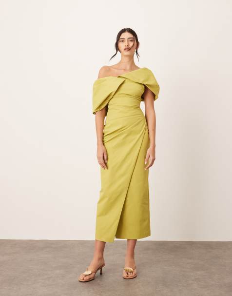 ARRANGE bardot pleat maxi dress with wrap detail in chartreuse