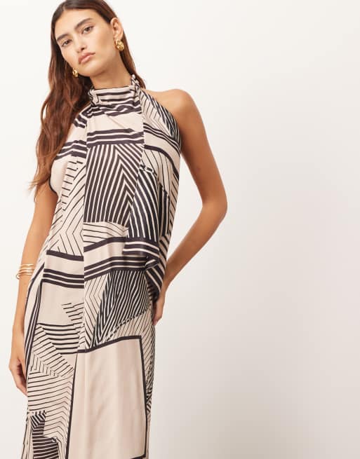 ARRANGE – Sukienka maxi z drapowanym dekoltem halter, z nadrukiem w apaszki, 2 z 4