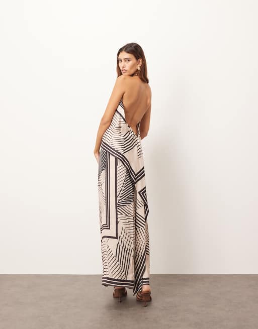 ARRANGE – Sukienka maxi z drapowanym dekoltem halter, z nadrukiem w apaszki, 4 z 4