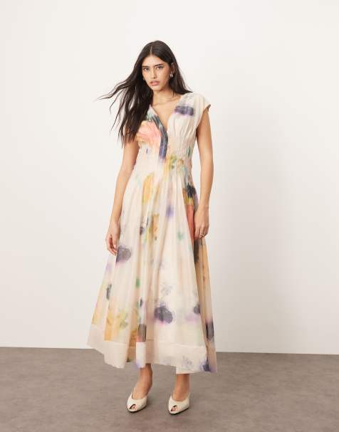 ARRANGE organza pleat waist midi dress with tie back detail in blurred floral