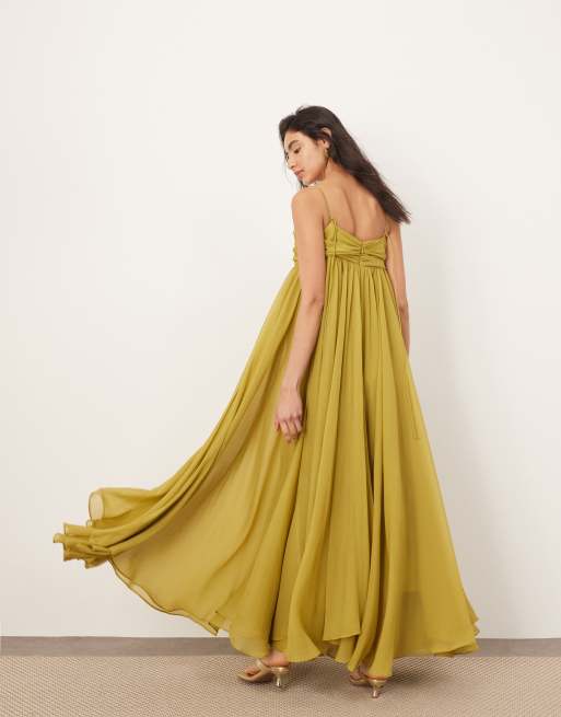 ARRANGE super full trapeze cami godet maxi dress in chartreuse