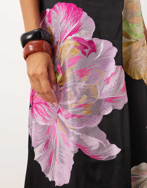 ARRANGE supersize floral embroidered scarf neck one shoulder maxi dress in black, 3 of 4