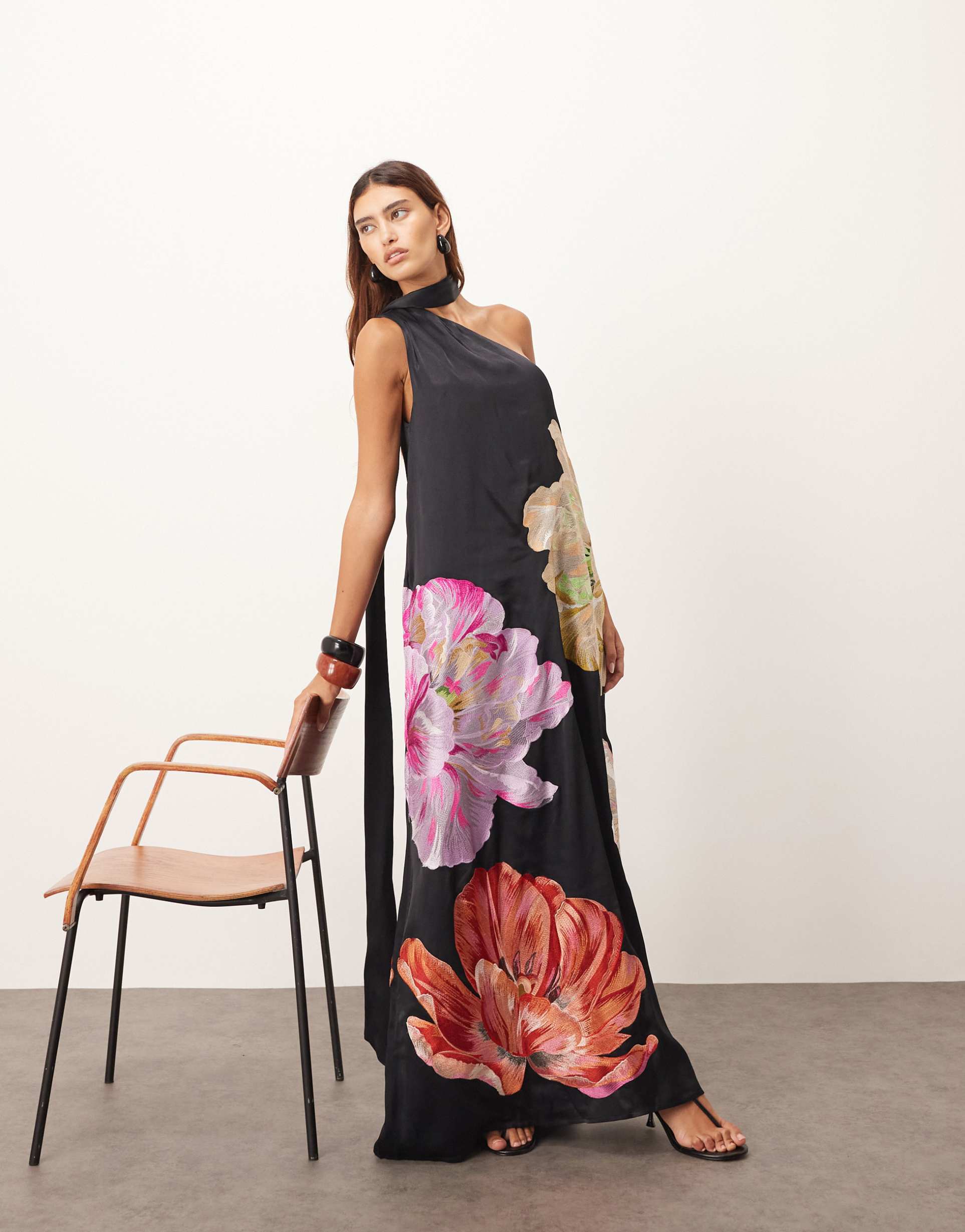arrange supersized floral embroidered scarf neck one shoulder maxi dress in black