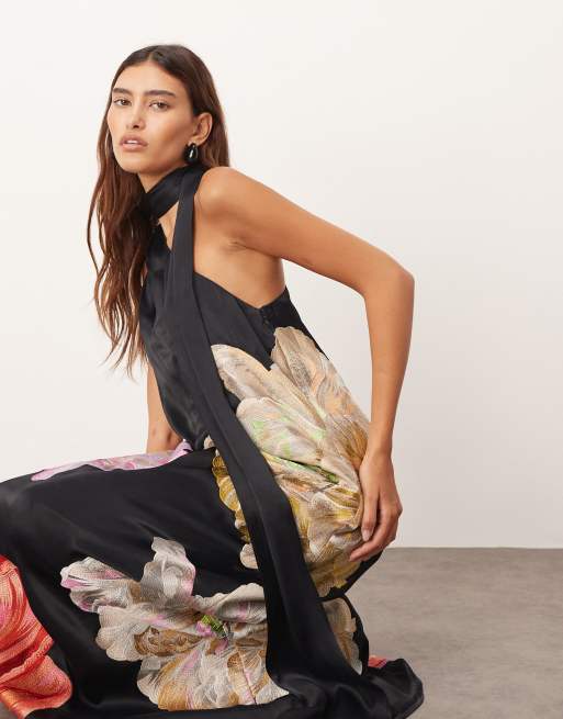 ARRANGE supersized floral embroidered scarf neck one shoulder maxi dress in black