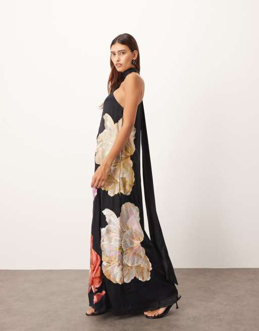 ARRANGE supersized floral embroidered scarf neck one shoulder maxi dress in black