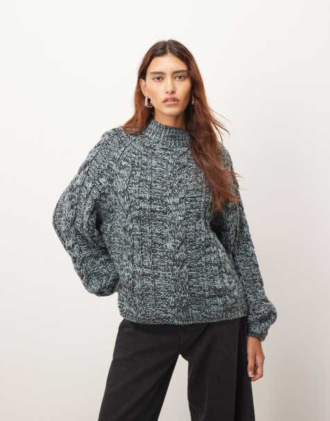 ARRANGE cable knit high neck jumper with volume sleeve in twisted yarn in blue and chocolate