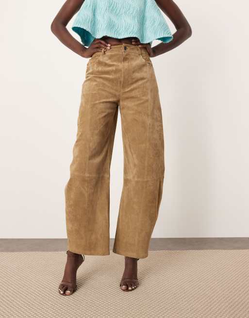 ARRANGE Sydney suede high waisted barrel trouser in tobacco