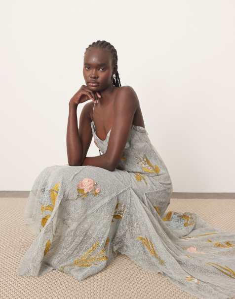 ARRANGE  embroidered floral lace maxi dress in dusky blue