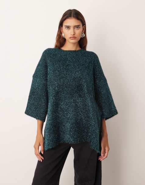 ARRANGE – Szarozielony T-shirt oversize ze zwartej dzianiny z metalicznym efektem - view 1