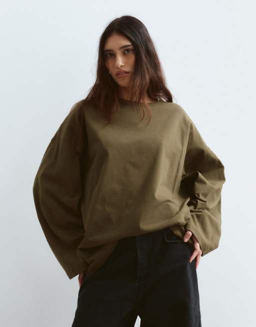 Arrange - T-shirt a maniche lunghe oversize in cotone kaki, 2 di 4