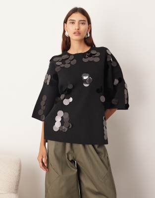 ARRANGE - T-Shirt aus kompaktem Strick in Schwarz mit Pailletten in Scheibenoptik