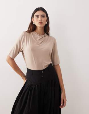 ARRANGE - T-shirt en modal avec col ras de cou - Taupe-Neutre