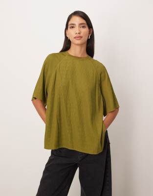 T-shirt hybride texturé à manches raglan - Olive-Vert 34