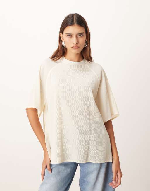 ARRANGE - T-shirt ibrida testurizzata color avorio con maniche raglan