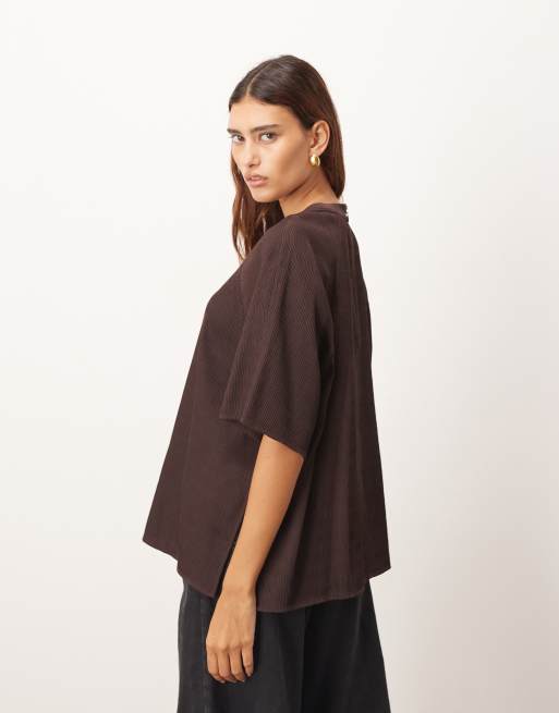 ARRANGE - T-shirt ibrida testurizzata color cioccolato con maniche raglan, 3 di 4