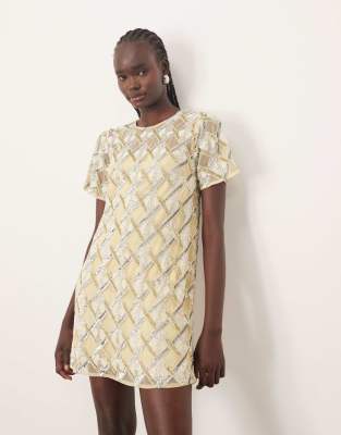 ARRANGE - T-Shirt-Minikleid in Buttermilchgelb mit Verzierung-Goldfarben
