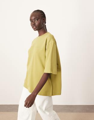 ARRANGE - T-shirt oversize à surpiqûres en tissu épais - Vert olive - view 1