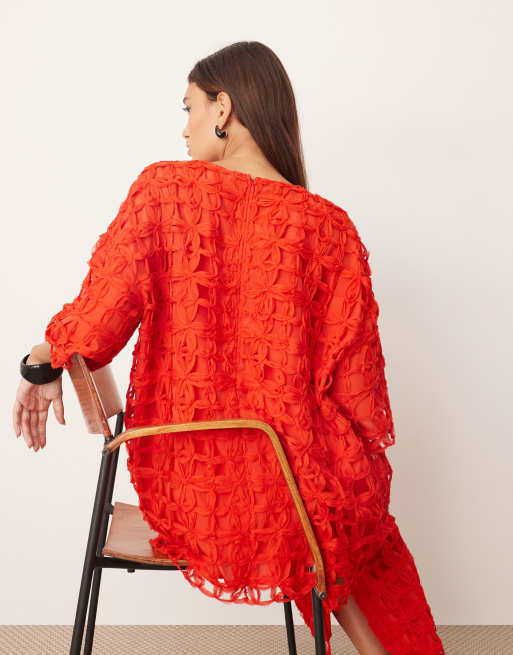 ARRANGE - T-shirt oversize d'ensemble à découpes fleuries - Rouge, 4 de 4