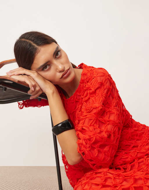 ARRANGE - T-shirt oversize in pizzo a fiori rossa in coordinato, 2 di 4