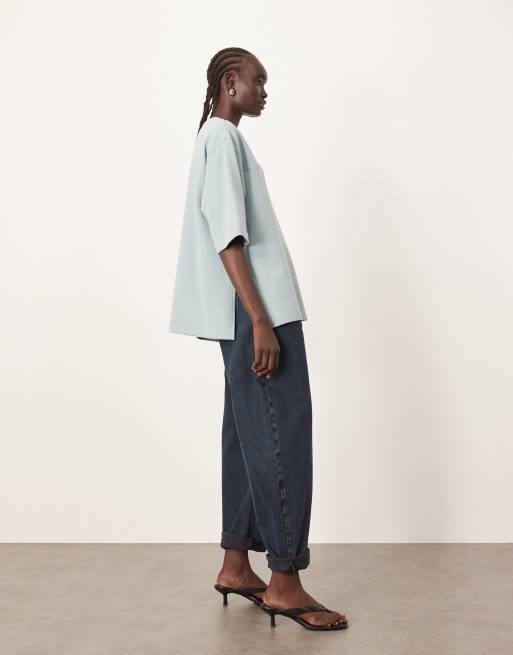 ARRANGE - T-shirt oversize in tessuto pesante blu con cuciture a vista, 3 di 4