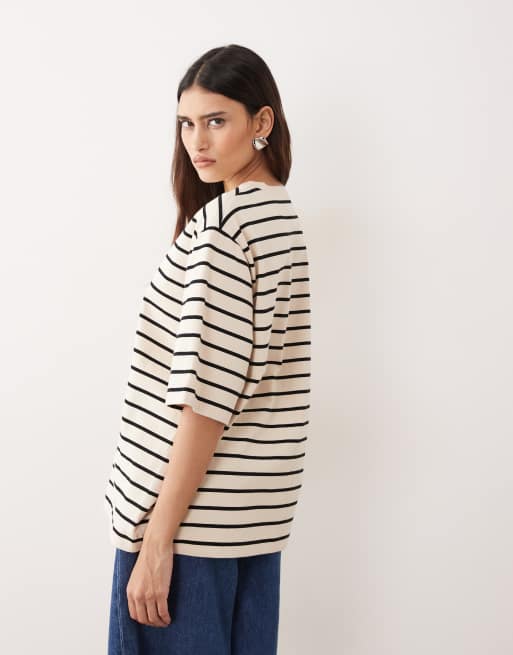 ARRANGE - T-shirt premium oversize in tessuto pesante color panna a righe, 4 di 4