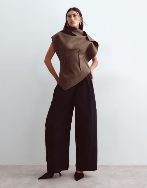 ARRANGE tailored asymmetric top with dart detail in brown, 2 of 4