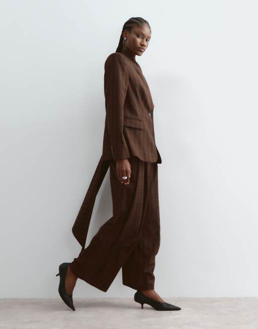 ARRANGE drape scarf neck blazer and tailored barrel leg trousers co-ord in chocolate check, 3 of 3