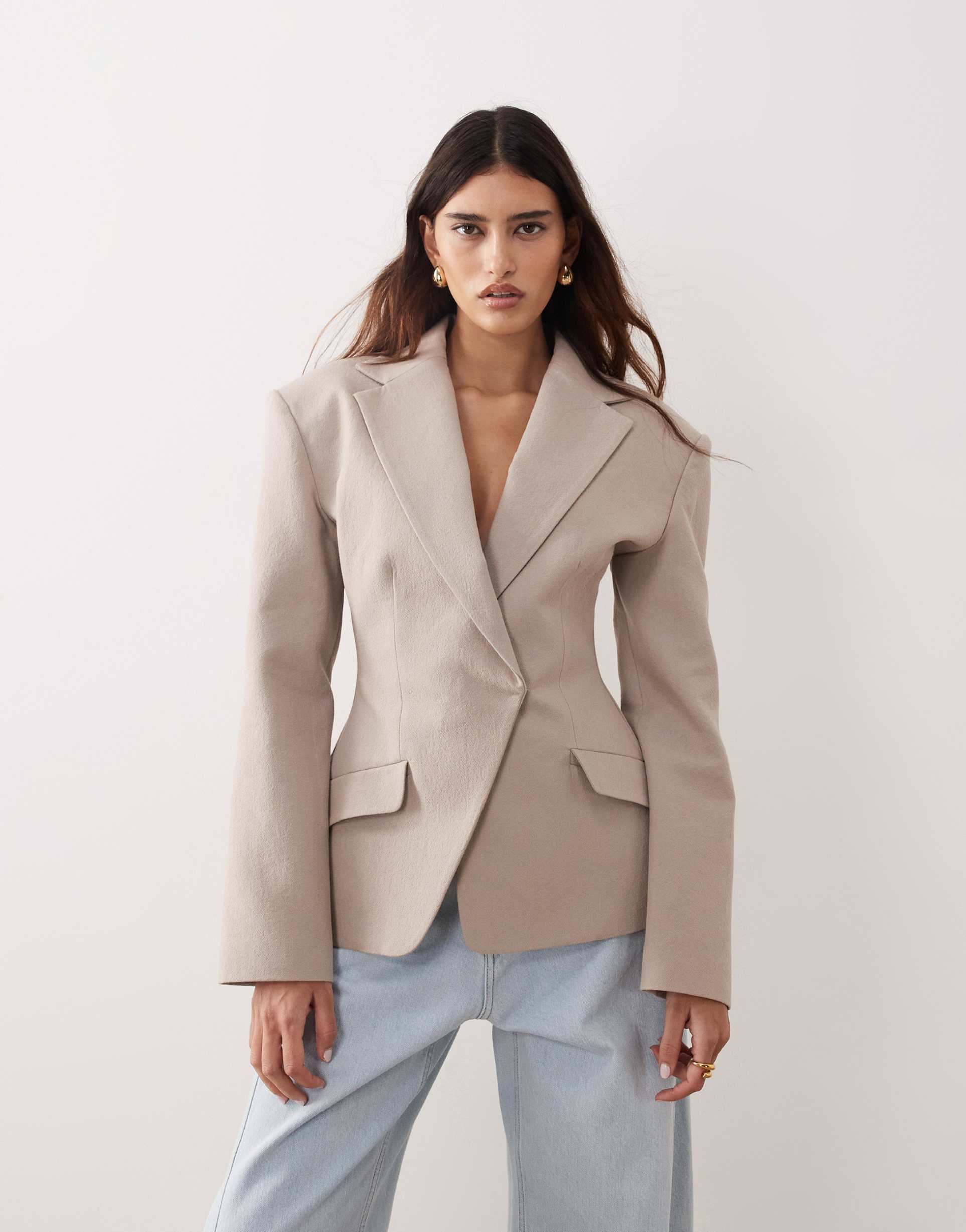 arrange tailored cinched waist blazer in taupe