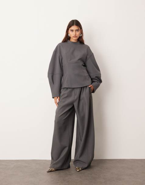 ARRANGE tailored pleated detail wide leg barrel pants in gray - part of a set - view 1