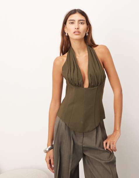 ARRANGE tailored plunge halter top in khaki green - view 1