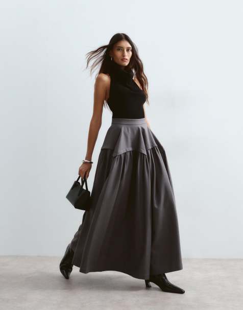 ARRANGE tailored sculpted waist full midi skirt in gray - view 1