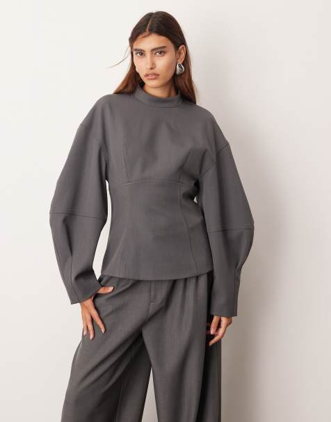 ARRANGE tailored seam detail sculpted co-ord top with ovoid sleeve in grey - view 1