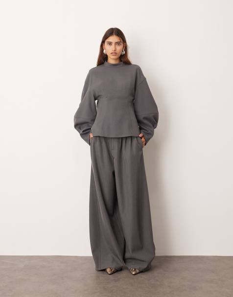 ARRANGE tailored seam detail sculpted top with ovoid sleeve and pleated detail wide leg barrel trouser in grey - view 1