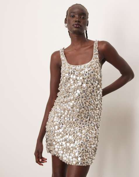 ARRANGE textural embellished scoop neck loose fit mini dress in silver - view 1