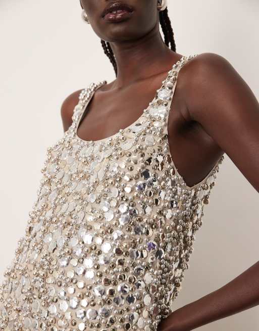 ARRANGE textural embellished scoop neck loose fit mini dress in silver