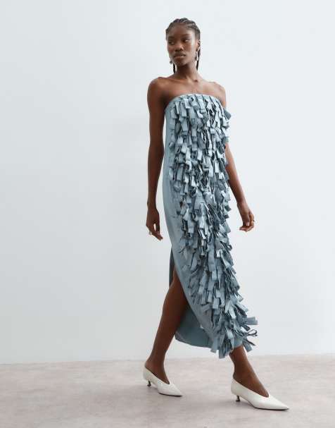 ARRANGE textural satin loop bandeau cocoon midaxi dress in blue - view 1