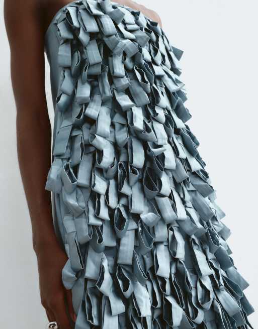 ARRANGE textural satin loop bandeau cocoon midaxi dress in blue, 4 of 5