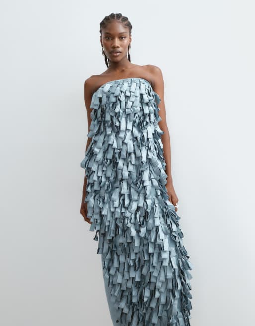 ARRANGE textural satin loop bandeau cocoon midaxi dress in blue, 5 of 5