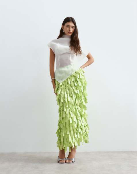 ARRANGE textural satin loop column midi skirt in lime - view 1