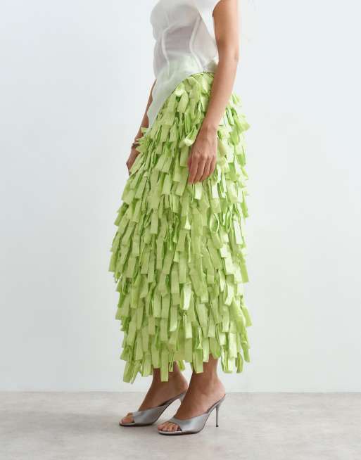 ARRANGE textural satin loop column midi skirt in lime, 3 of 5