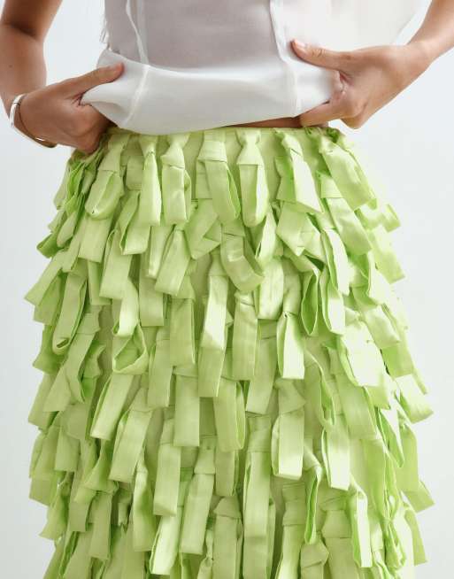 ARRANGE textural satin loop column midi skirt in lime, 4 of 5