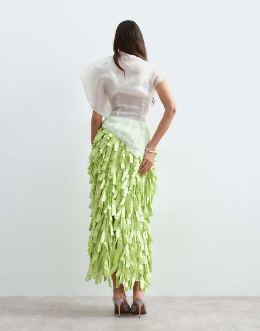 ARRANGE textural satin loop column midi skirt in lime, 5 of 5