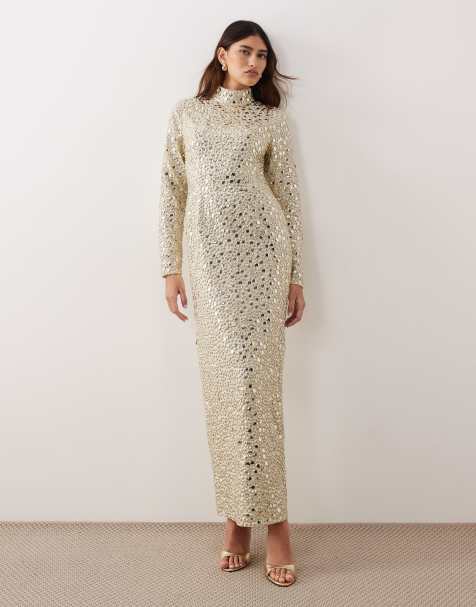 ARRANGE textural sequin high neck long sleeve maxi dress in buttermilk