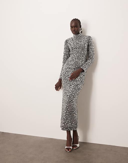 sequin dress long sleeve maxi Coast Square Neck Velvet Black loop closure at the back neck adds refinement Long Sleeve Crystal Pearl Sequin