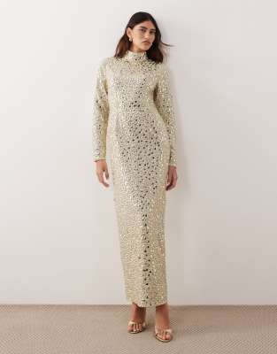ARRANGE textural sequined high neck long sleeve maxi dress in buttermilk