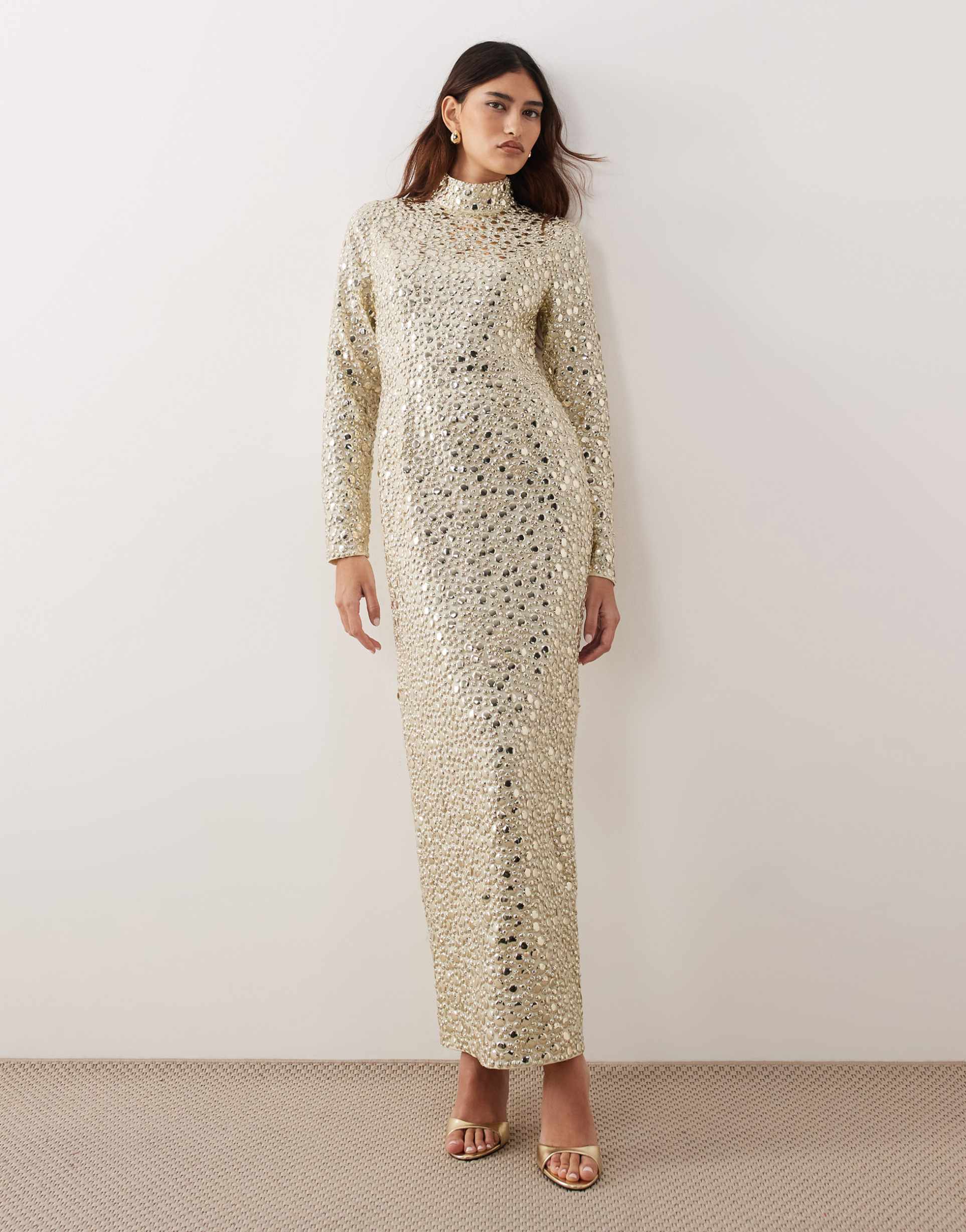 arrange textural sequined high neck long sleeve maxi dress in buttermilk