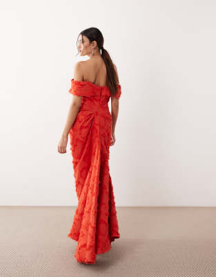Arrange Textured Bardot Maxi Dress In Red